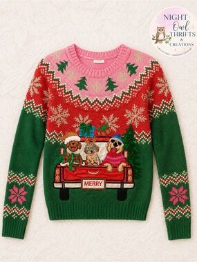 Christmas Sweater Embroidered Dogs Truck Crewneck - Women’s Plus Size XXL